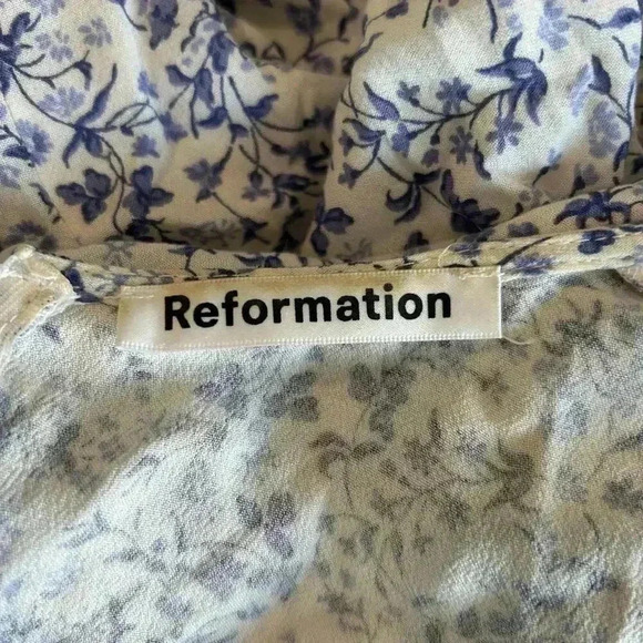 Reformation Trisha - Johanna Print Tea Dress Blue White Floral Gathered Midi 8 - Picture 7 of 7